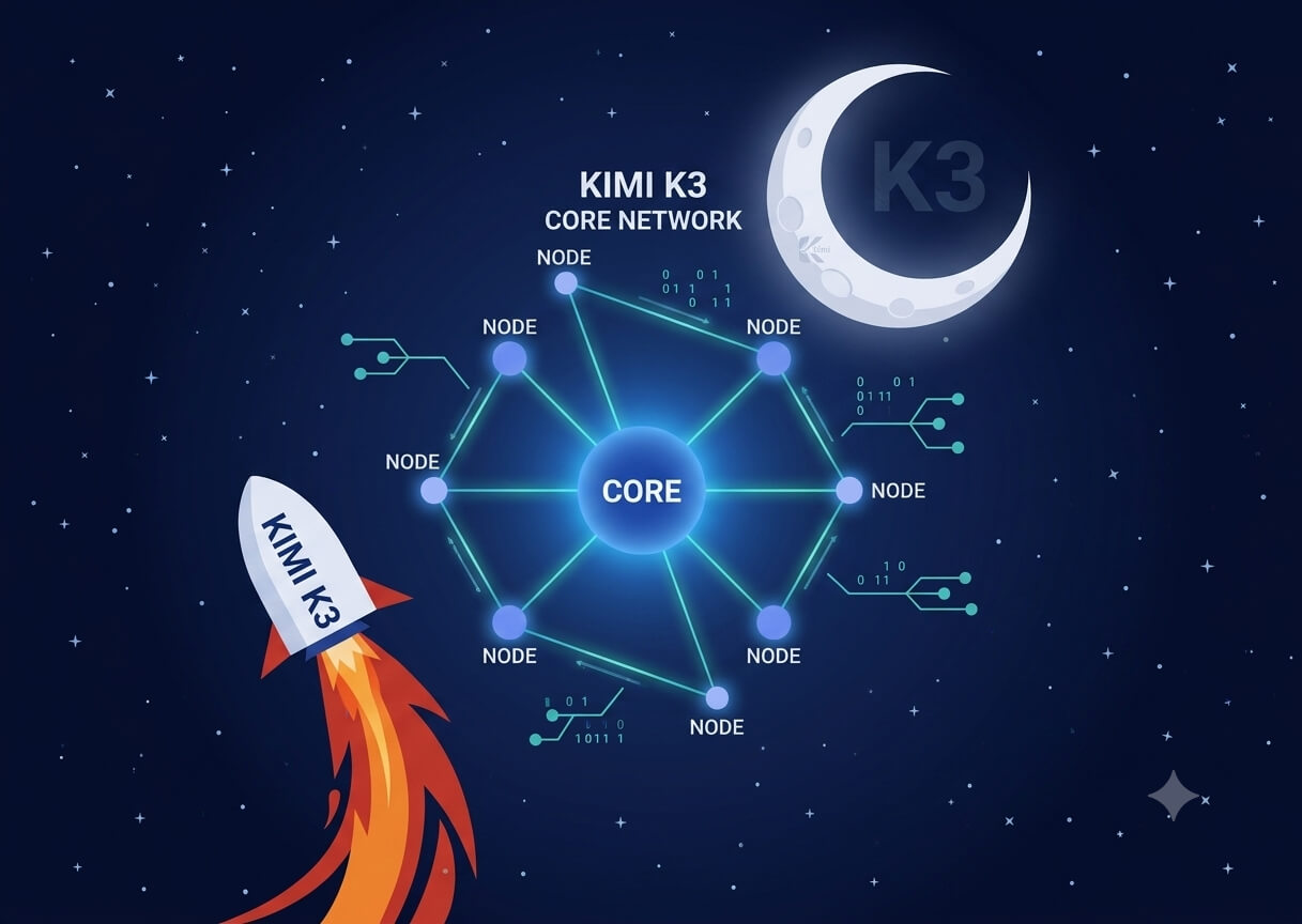 Illustrative graphic for the KIMI K3 project, showing a stylized white KIMI K3 rocket flying toward a central, glowing data node network. Nodes and links connect the central core under a crescent moon in a dark blue, starry space