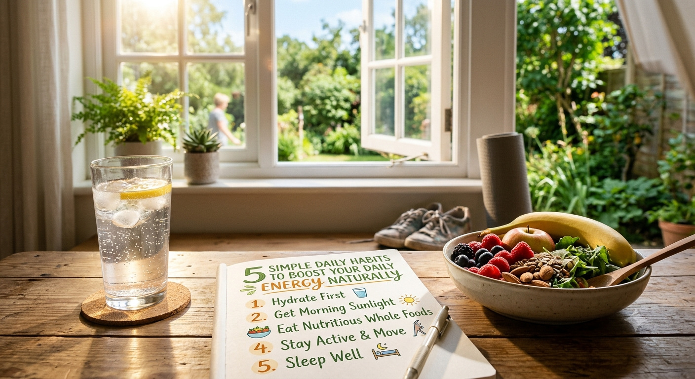 An infographic displaying 5 daily habits to boost energy naturally, featuring a glass of water, sunlight, and a meal on a table